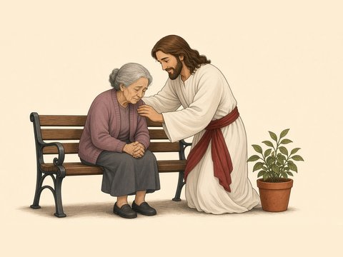 Cartoon Jesus kneeling beside an older woman on a bench, a hand on her shoulder